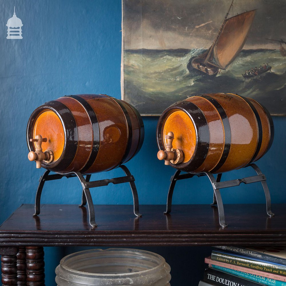 Pair of Late 19th C Doulton Lambeth Stoneware Pedestrian Barrelette Picnic Whiskey Barrels on Stands