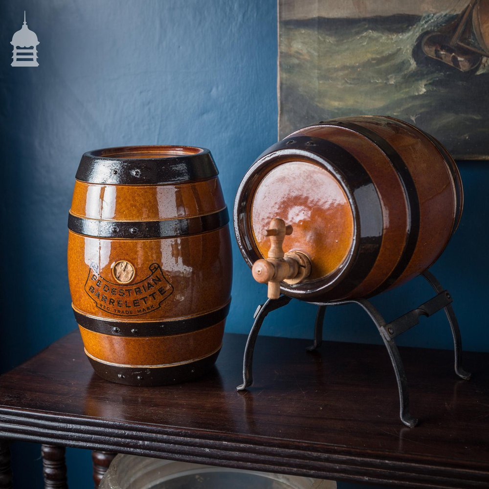 Pair of Late 19th C Doulton Lambeth Stoneware Pedestrian Barrelette Picnic Whiskey Barrels on Stands