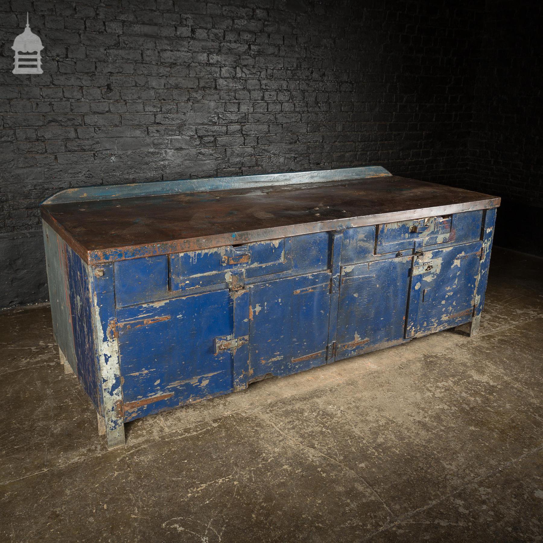 Large Blue Metal Industrial Factory Utility Workbench with Cupboards ...
