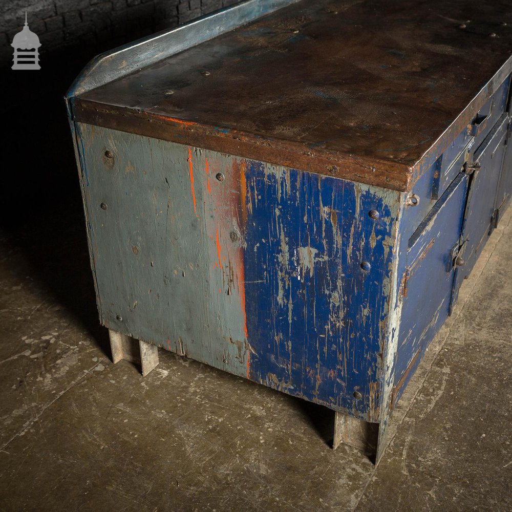 Large Blue Metal Industrial Factory Utility Workbench with Cupboards