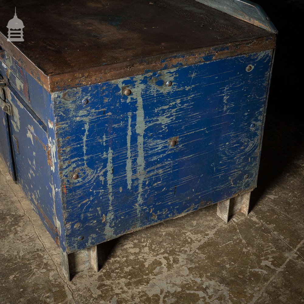 Large Blue Metal Industrial Factory Utility Workbench with Cupboards