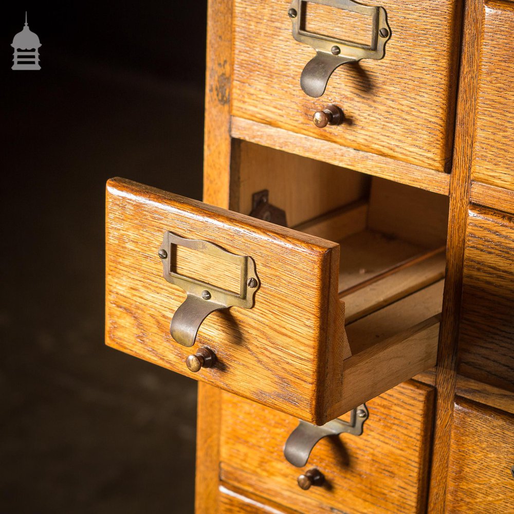 Mid Century Oak Libraco London 96 Drawer Pharmacy Index Card Filing Cabinet with Brass Finger Pulls