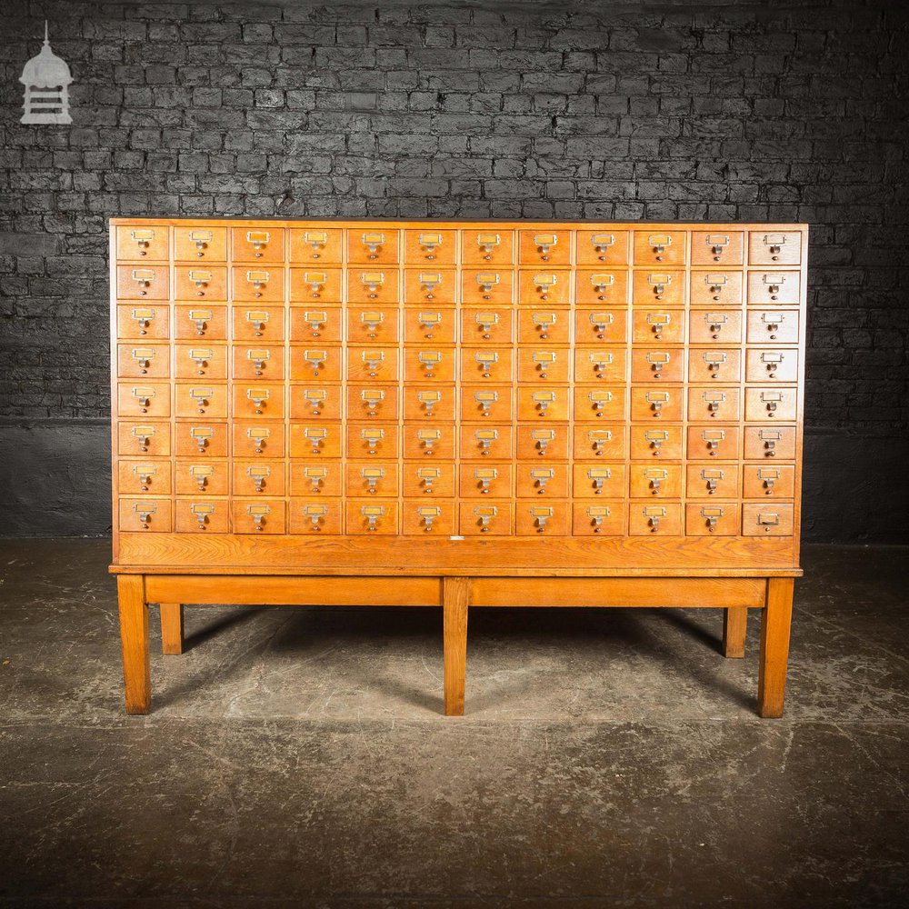 Mid Century Oak Libraco London 96 Drawer Pharmacy Index Card Filing Cabinet with Brass Finger Pulls