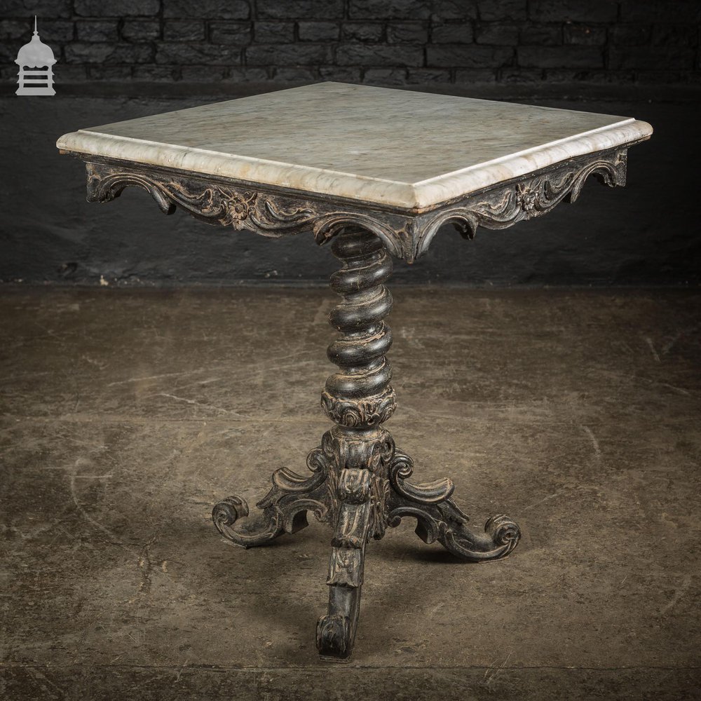 Exquisite 19th C Carved Hardwood Occasional Table with Twist Pedestal and Marble Top