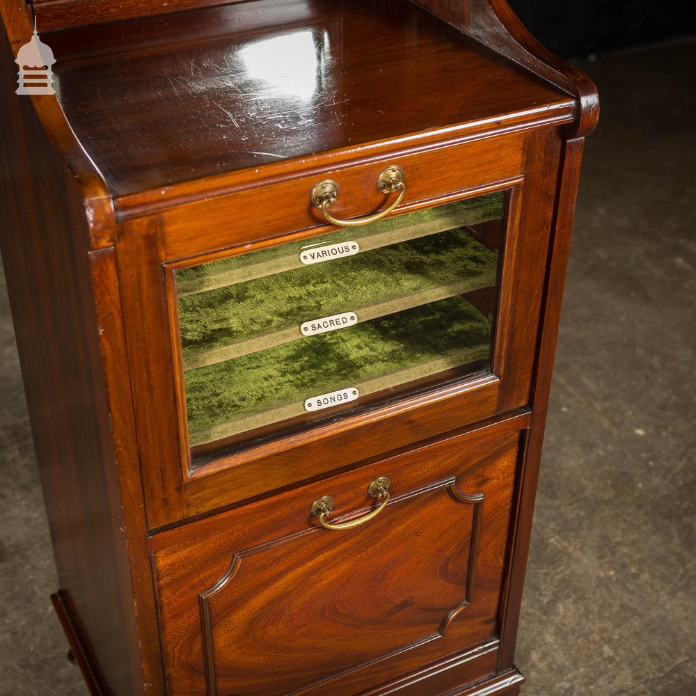 Edwardian Drop Front Glazed Mahogany Music Cabinet with Mirror