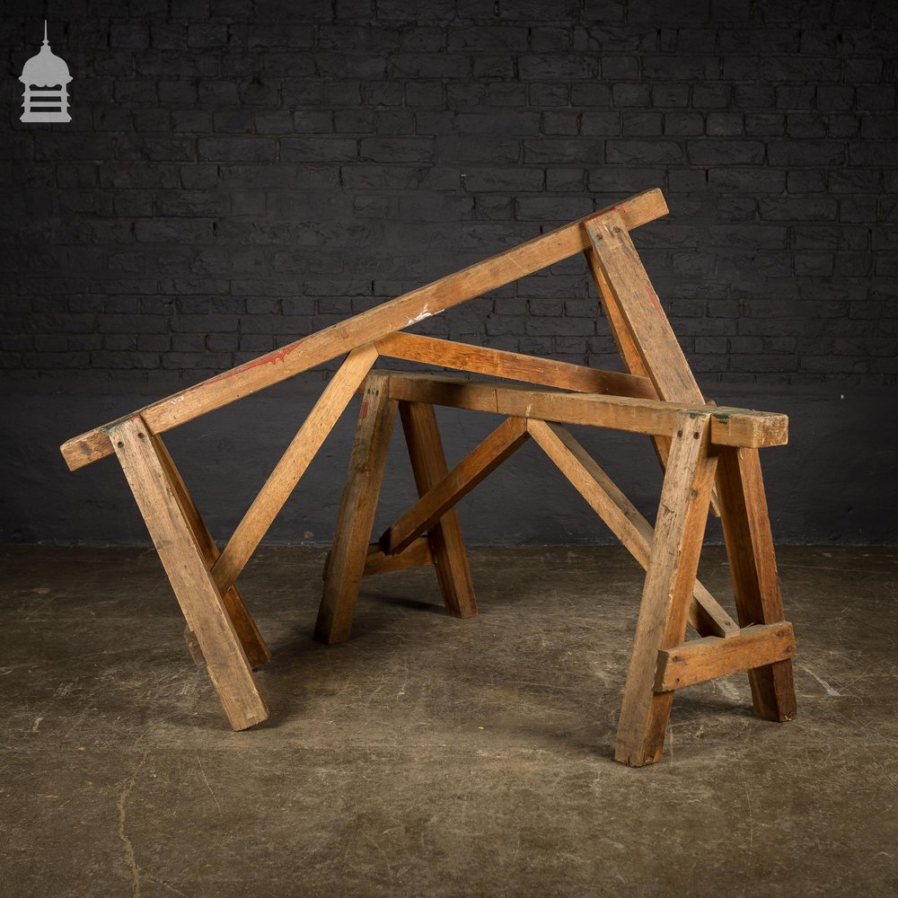 Pair Low Hardwood Workshop Industrial Trestles