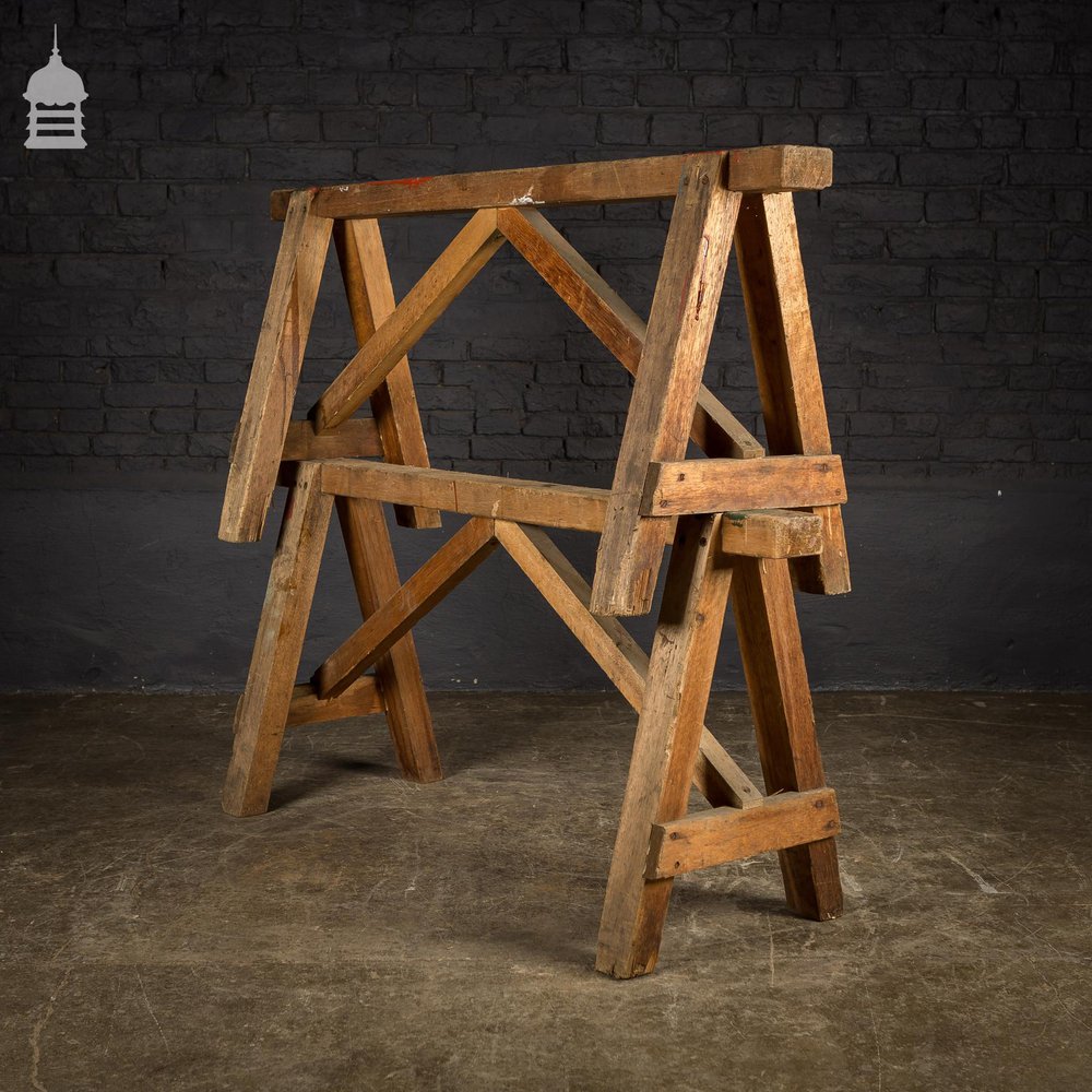 Pair Low Hardwood Workshop Industrial Trestles