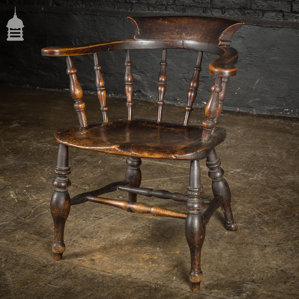 19th C Captains Bow Seat Smokers Chair with Turned Arm Supports and Double H Stretcher