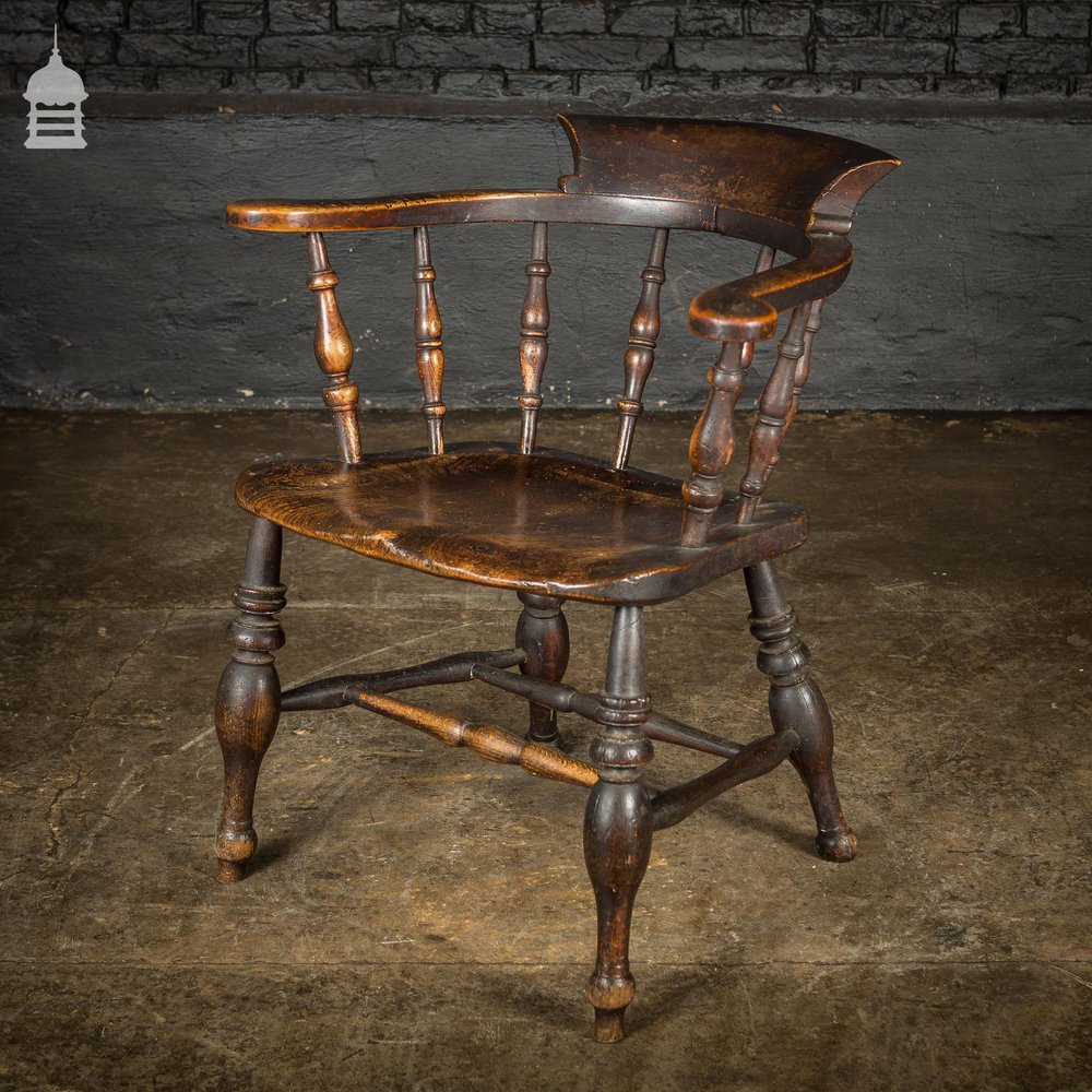 19th C Captains Bow Seat Smokers Chair with Turned Arm Supports and Double H Stretcher