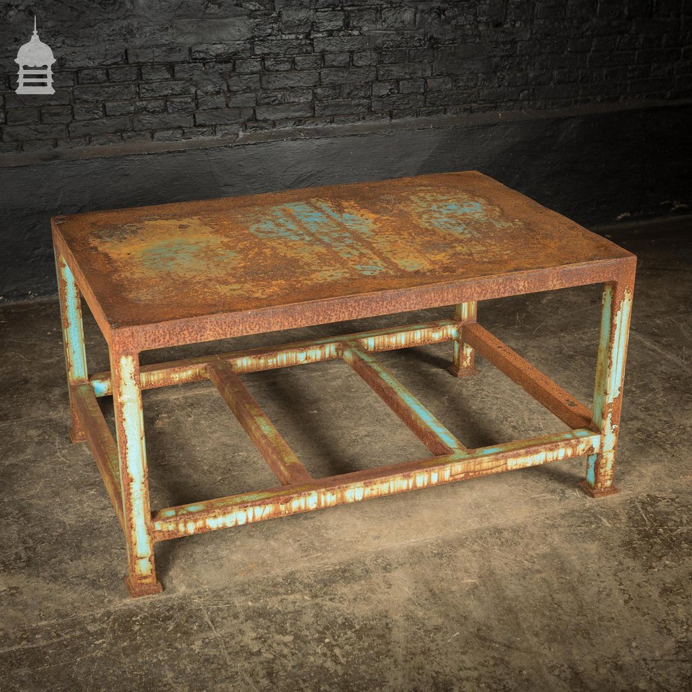 Industrial Box Section Low Level Worktable with Original Rusty Distressed Blue Paint Finish