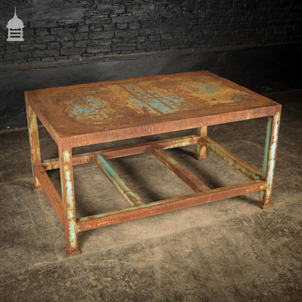 Industrial Box Section Low Level Worktable with Original Rusty Distressed Blue Paint Finish