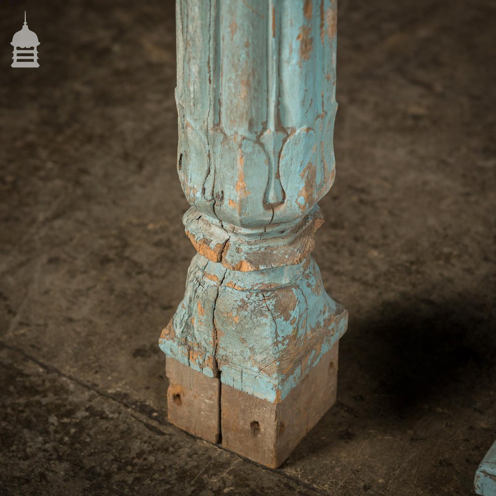 Set of 4 19th C Blue Painted Reeded Hardwood Columns with Acanthus Leaf Detail