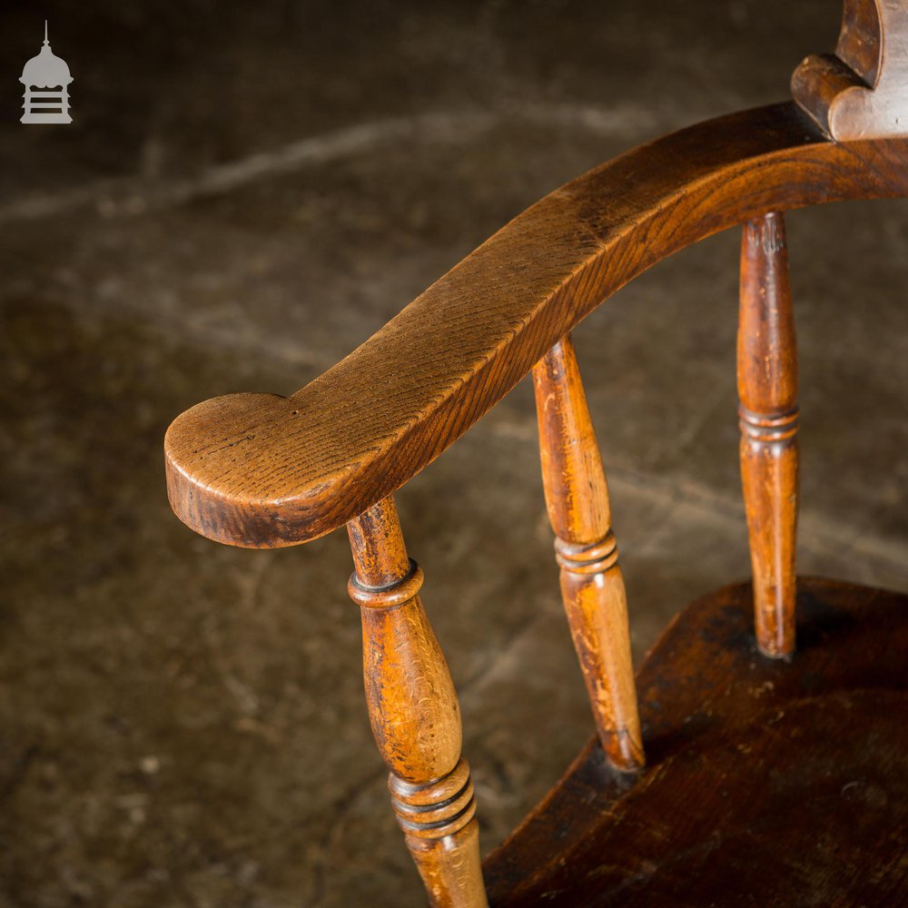 19th C Captain's Bow Seat Smokers Chair with Turned Arm Supports and Double H Stretcher