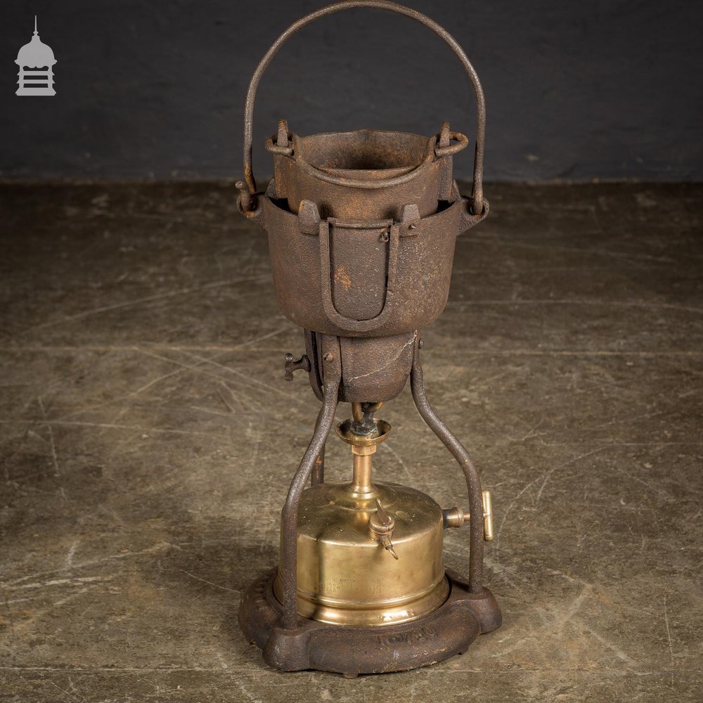 19th C Portable Cast Iron Crucible with Brass Burner