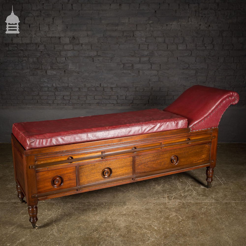 19th C Mahogany Therapists Couch with Drawers and Inset Handles