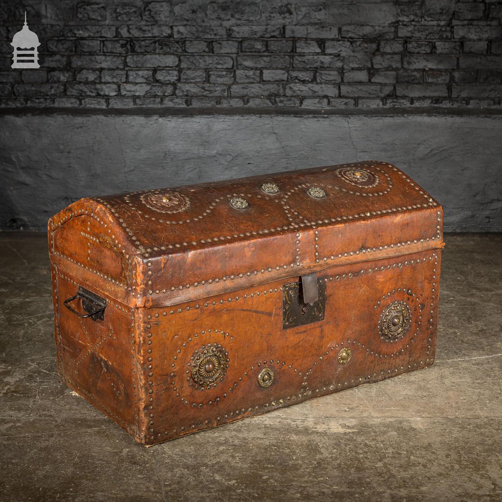 19th C Spanish Studded Leather Chest Trunk