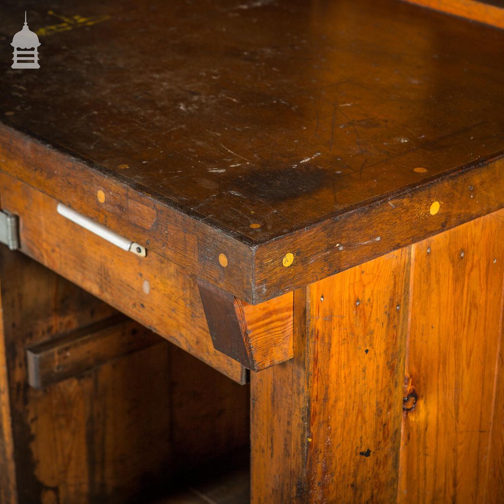 Mid Century Industrial Wooden Workbench with Drawer and Shelves