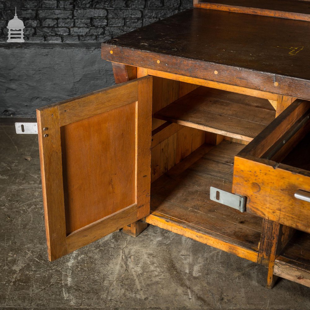 Mid Century Industrial Wooden Workbench with Drawer and Shelves