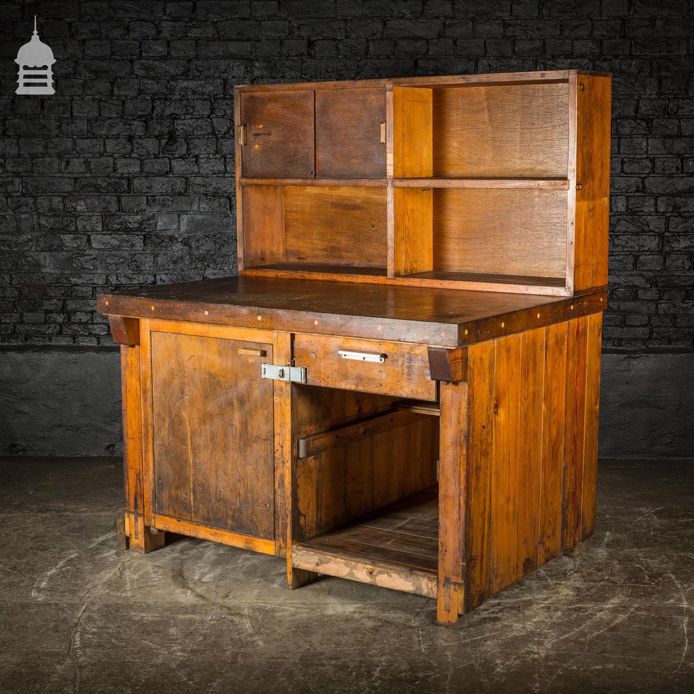 Mid Century Industrial Wooden Workbench with Drawer and Shelves