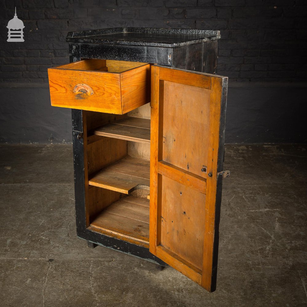 Mid Century Industrial Pine Workshop Cabinet Cupboard with Black Paint Finish