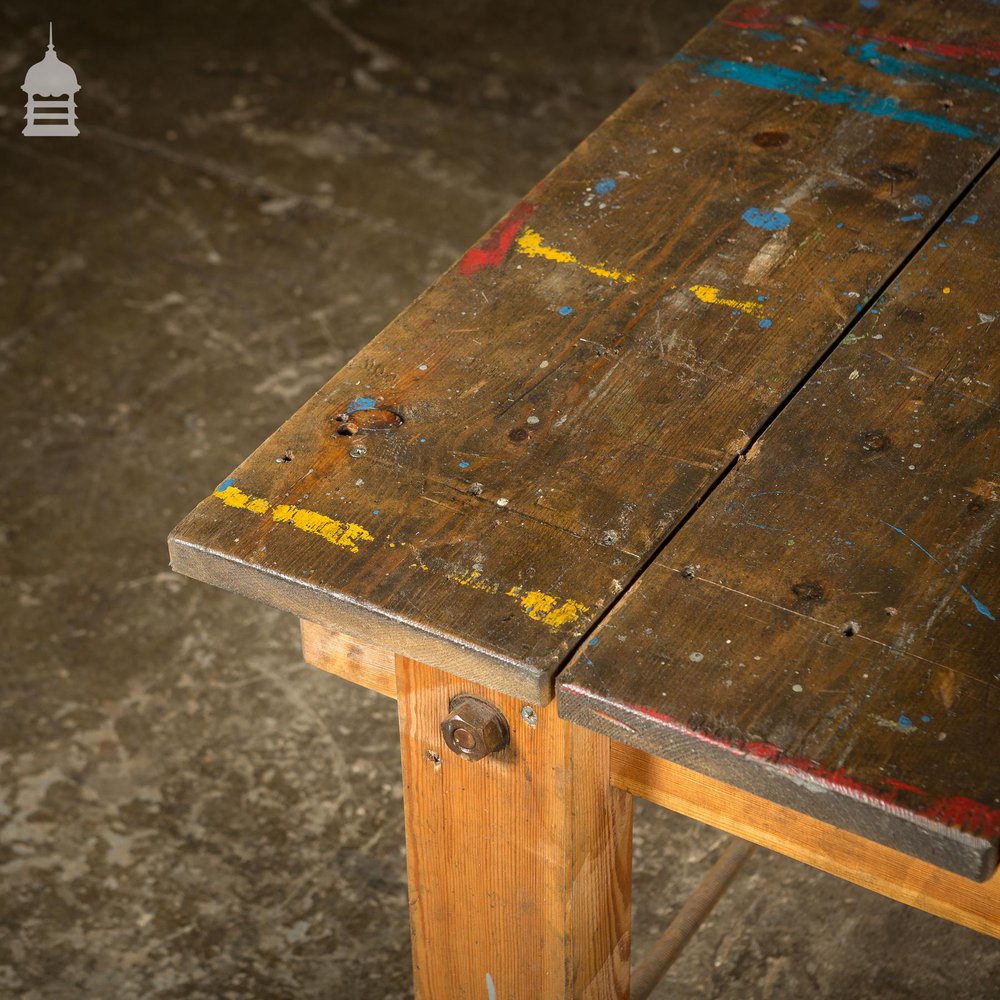 Vintage Industrial Pine Workbench Work Trestle Coffee Table