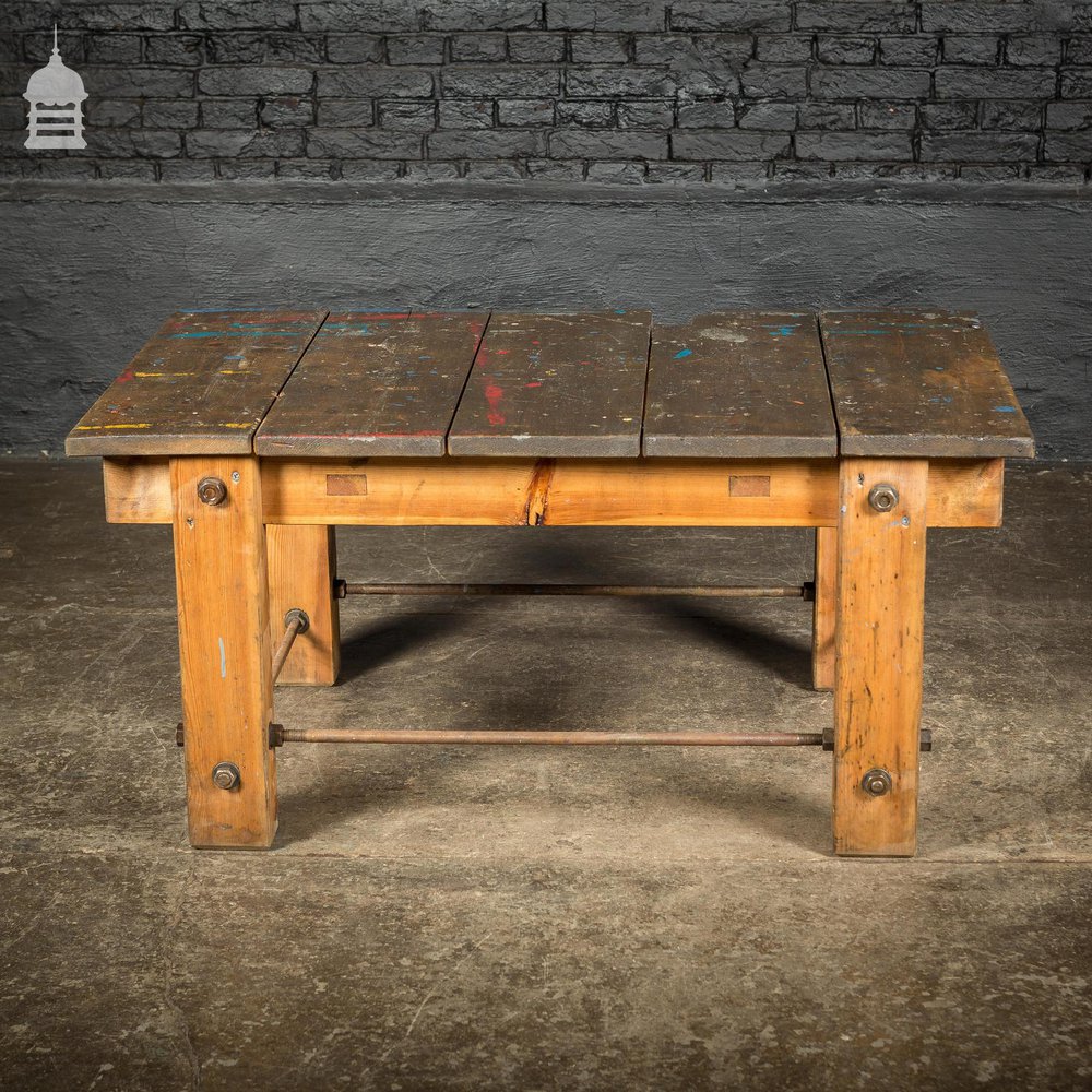 Vintage Industrial Pine Workbench Work Trestle Coffee Table