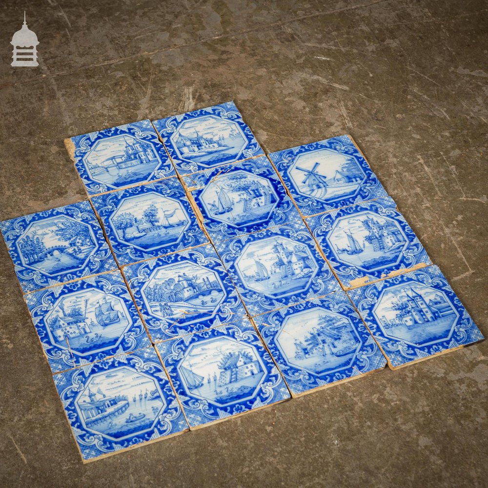 Set of 14 Hand Painted Dutch Blue and White Tiles