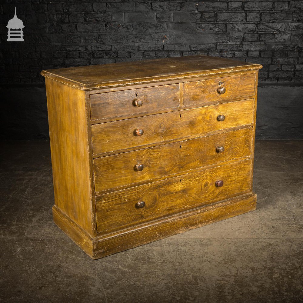 19th C Two Over Three Chest of Drawers with Graining Finish and Key