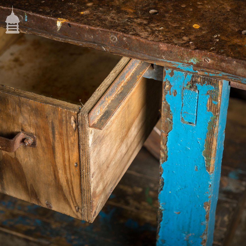 Industrial Blue Workshop Table Workbench with Steel Wrapped Top and Vice