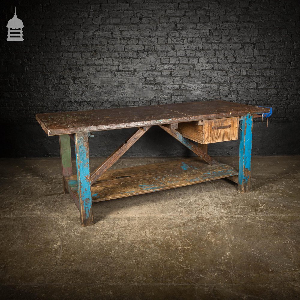 Industrial Blue Workshop Table Workbench with Steel Wrapped Top and Vice