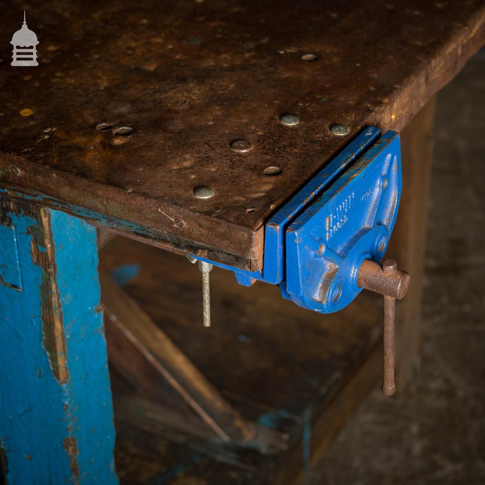 Industrial Blue Workshop Table Workbench with Steel Wrapped Top and Vice