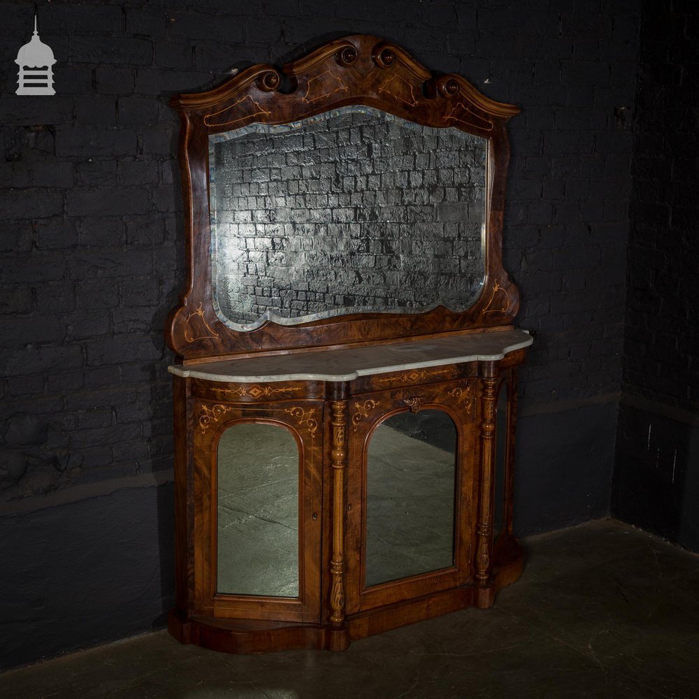 Stunning 19th C Inlaid Rosewood Marble Topped Credenza with Mirror Base and Raised Mirrored Back