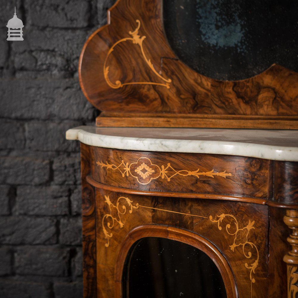 Stunning 19th C Inlaid Rosewood Marble Topped Credenza with Mirror Base and Raised Mirrored Back