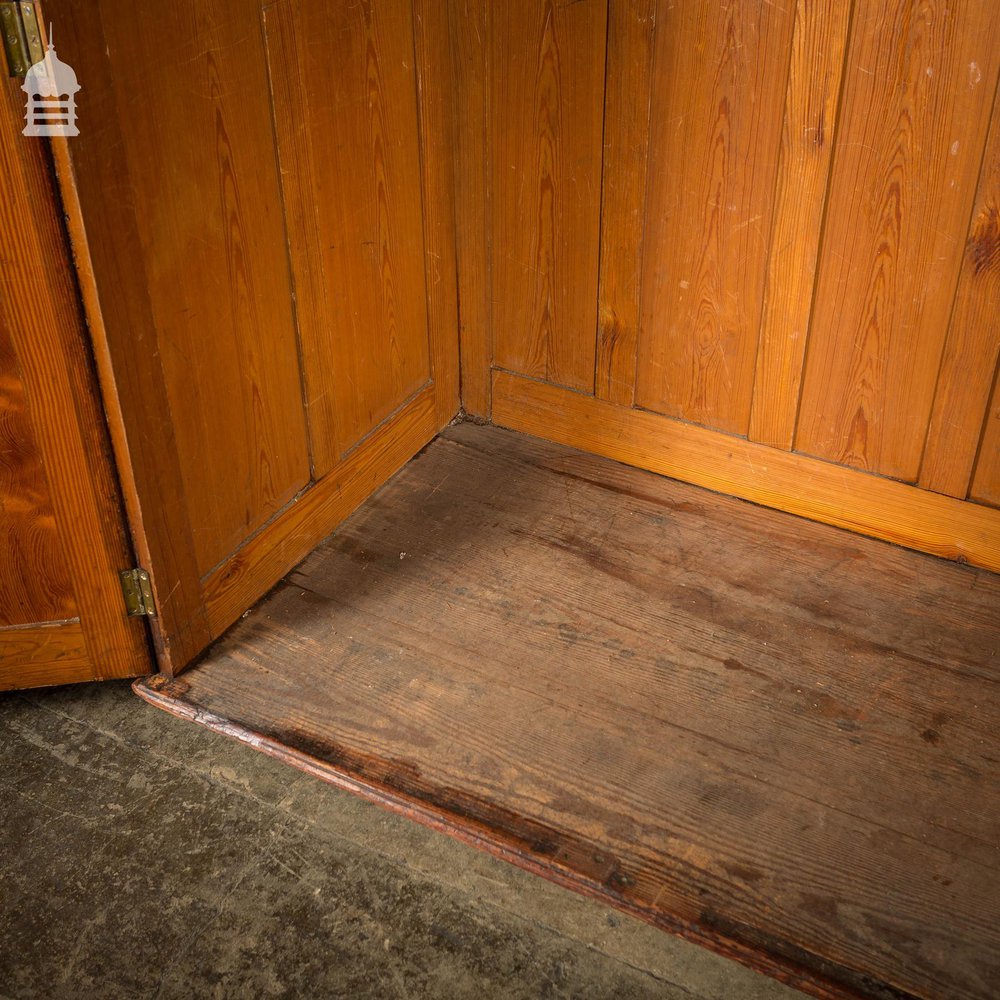 Large 19th C Figured Pitch Pine Ecclesiastical Cupboard with Double Doors, Opening Top and Metal Castors