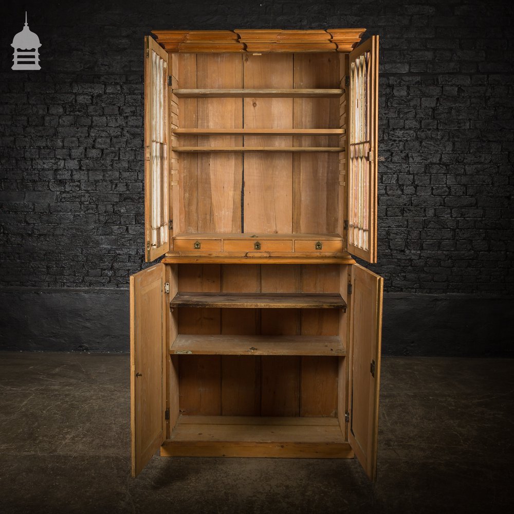 19th C Gothic Pine Cupboard Dresser with Astral Glazed Doors