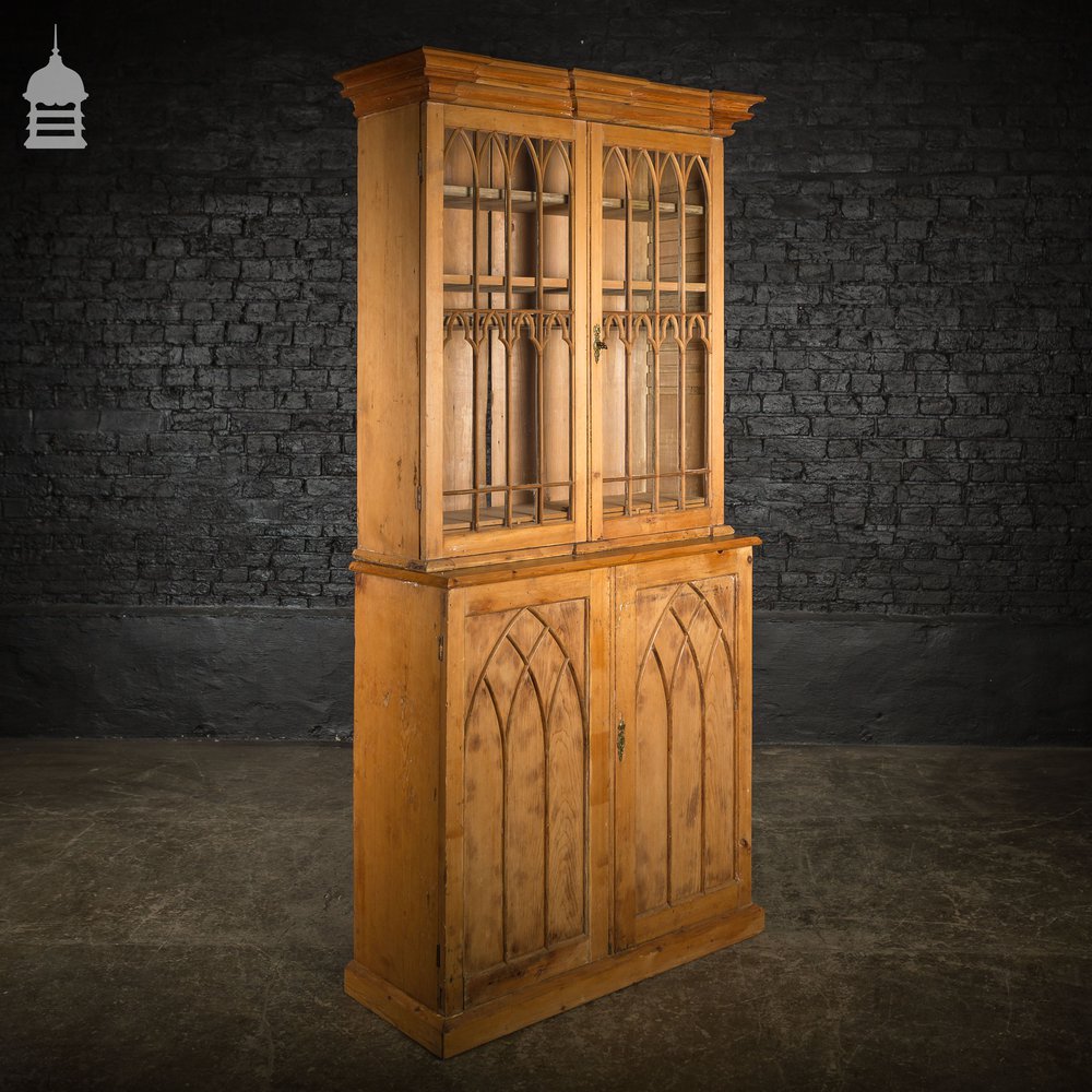 19th C Gothic Pine Cupboard Dresser with Astral Glazed Doors