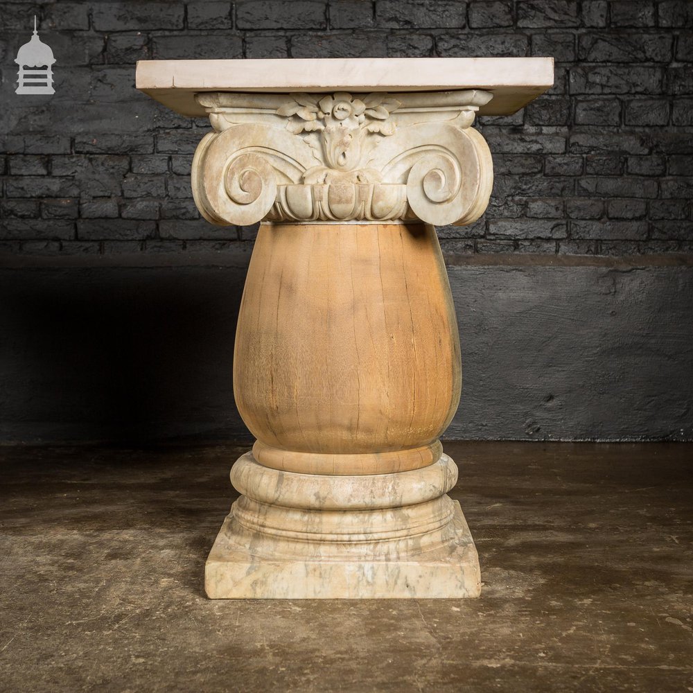 Pair of 19th C Marble Capitals Column Components with Reclaimed Hardwood Pillars Plinths