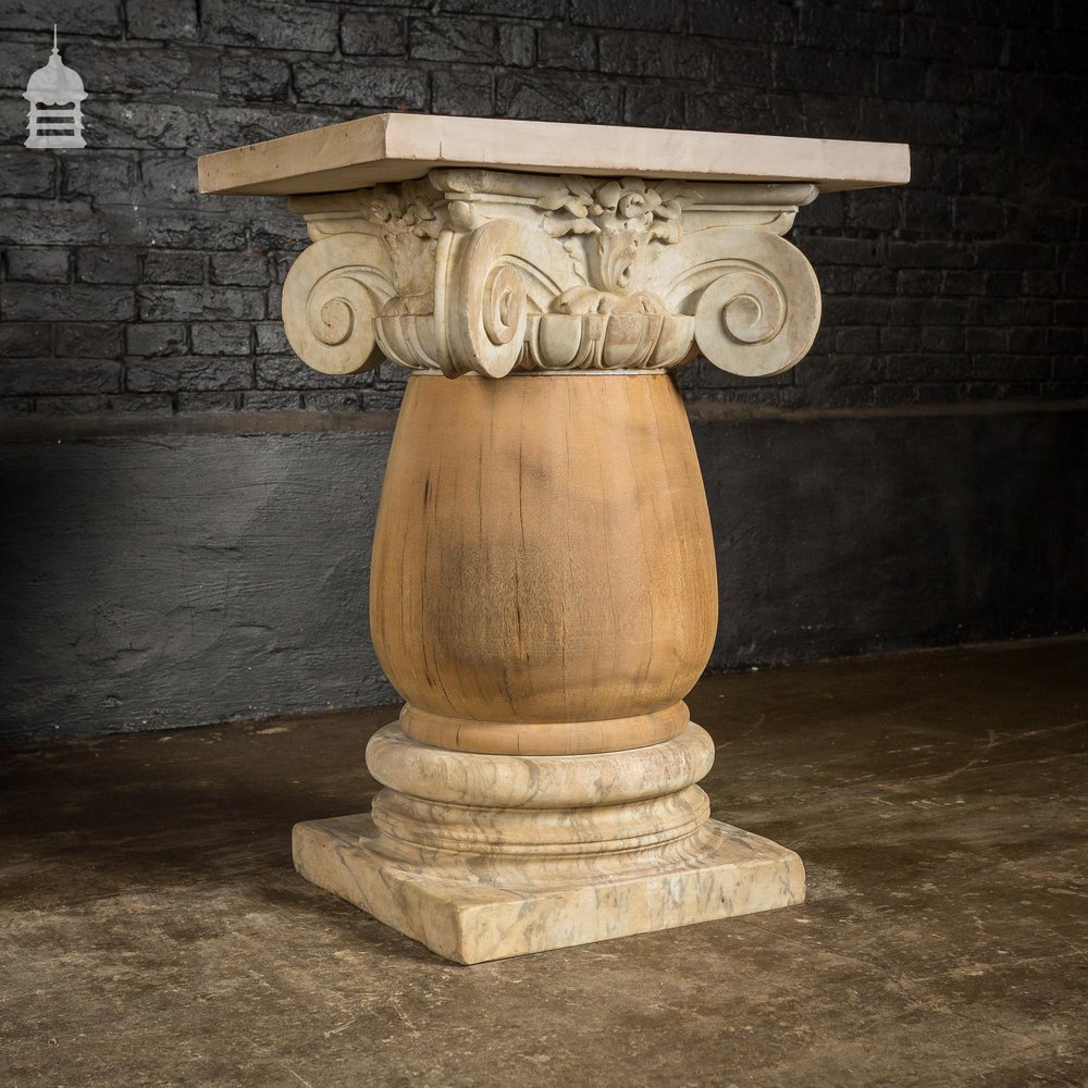 Pair of 19th C Marble Capitals Column Components with Reclaimed Hardwood Pillars Plinths