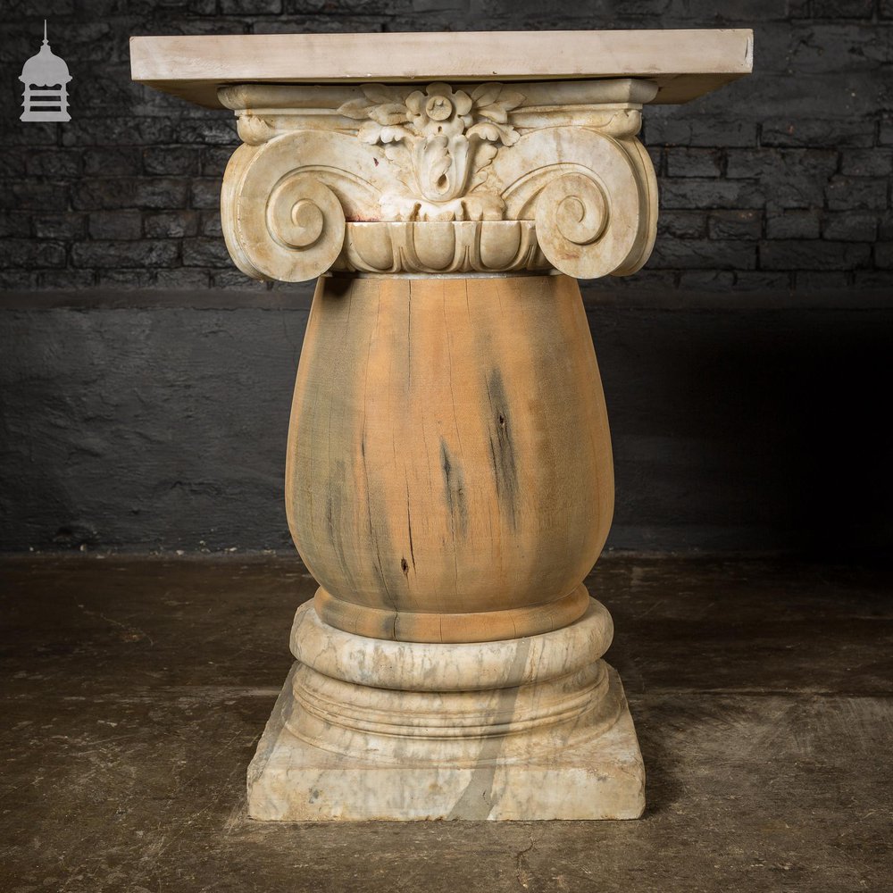 Pair of 19th C Marble Capitals Column Components with Reclaimed Hardwood Pillars Plinths