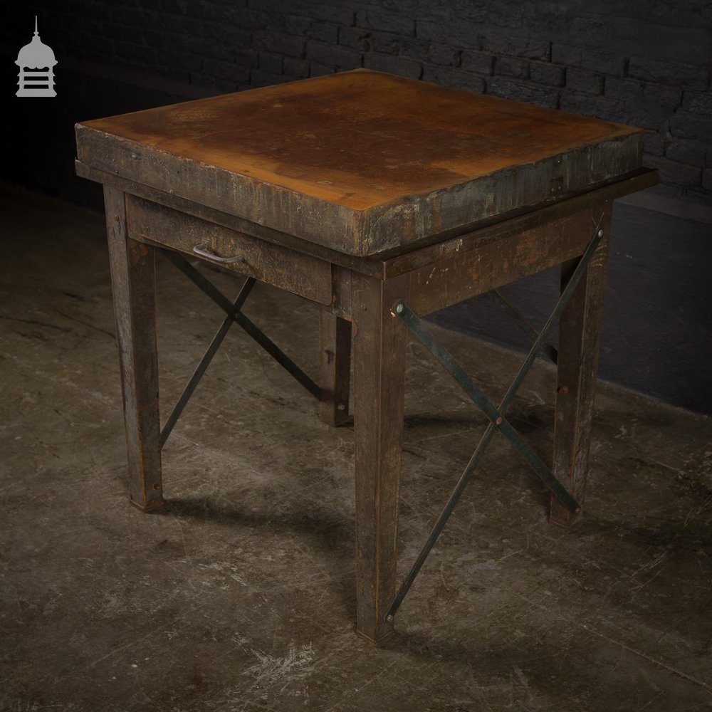 Vintage Industrial Surface Table with Thick Steel Top and Drawer