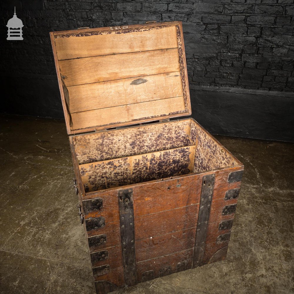 Large Victorian Iron Bound Oak Silver Chest on Castors