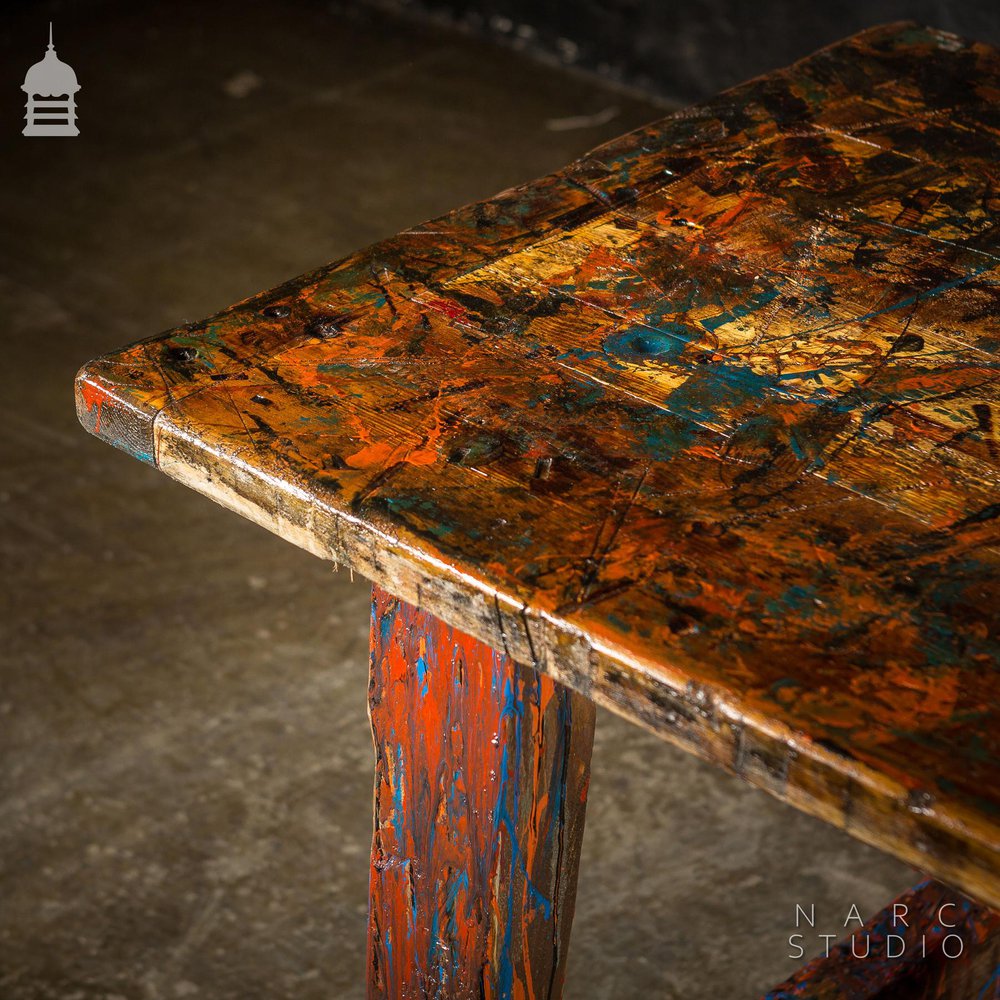 NARC STUDIO Pine Splay Leg Trestle Table With Abstract Painted Finish