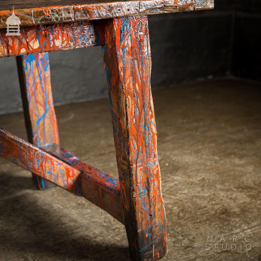 NARC STUDIO Pine Splay Leg Trestle Table With Abstract Painted Finish