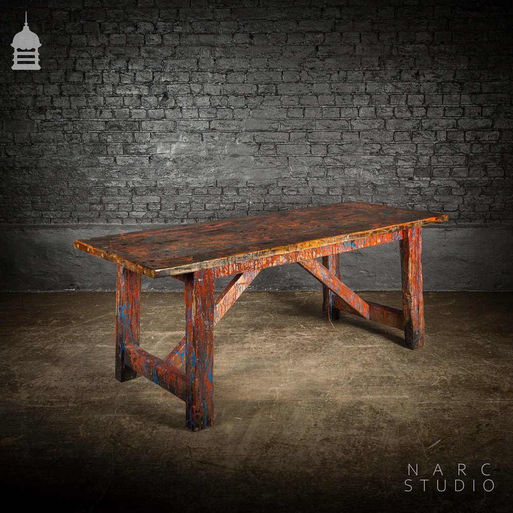 NARC STUDIO Pine Splay Leg Trestle Table With Abstract Painted Finish