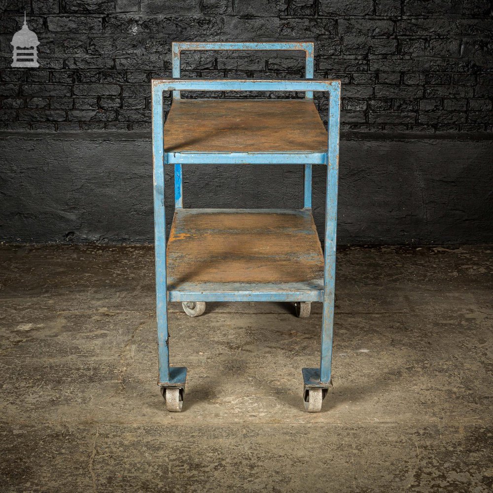 Vintage Industrial Blue Steel Wheeled Trolley Mobile Shelving Unit