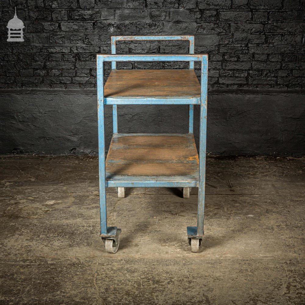 Vintage Industrial Blue Steel Wheeled Trolley Mobile Shelving Unit