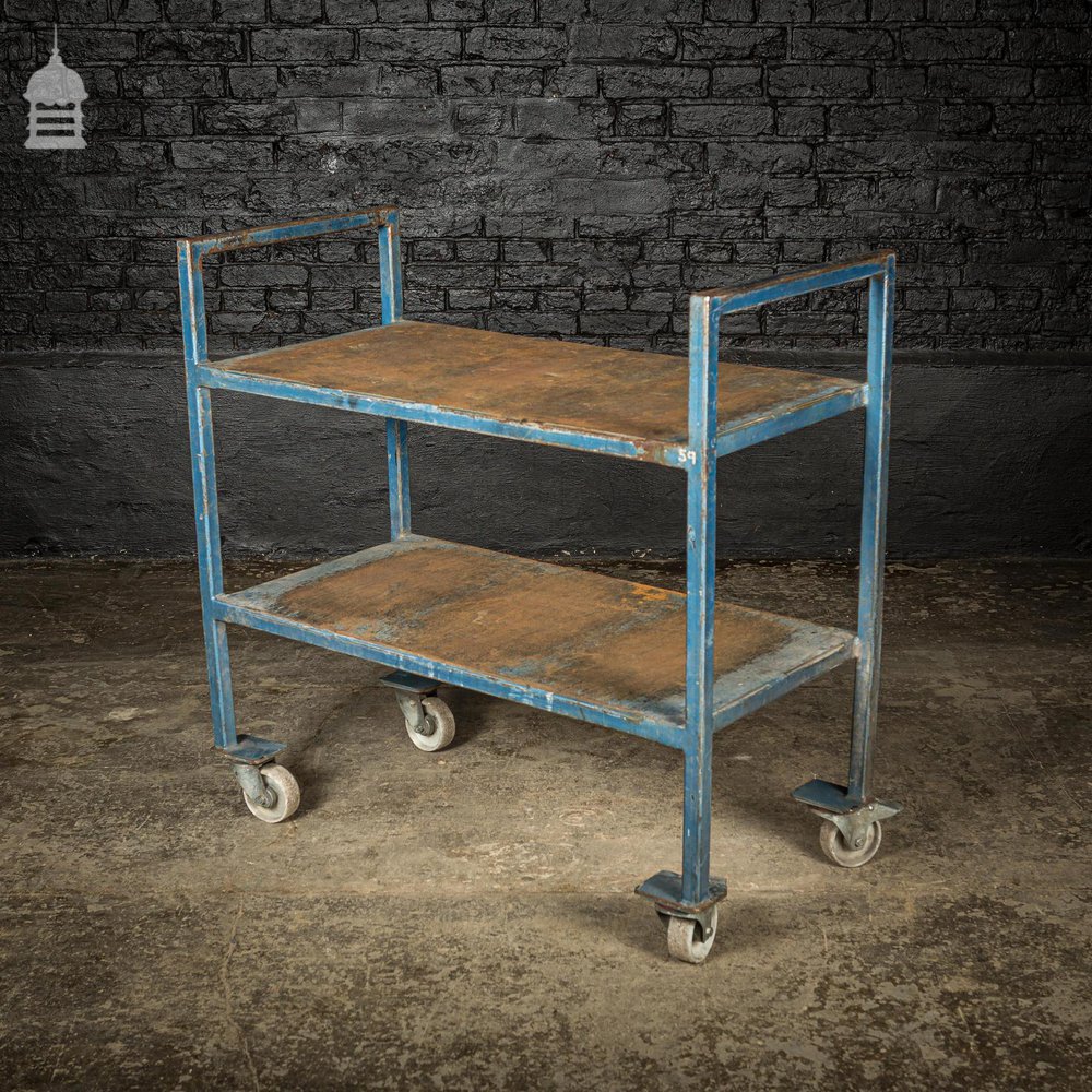 Vintage Industrial Blue Steel Wheeled Trolley Mobile Shelving Unit