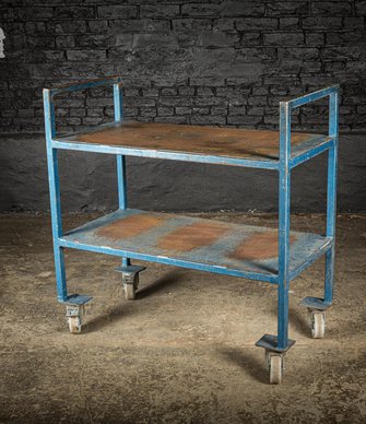 Vintage Industrial Blue Steel Wheeled Trolley Mobile Shelving Unit 