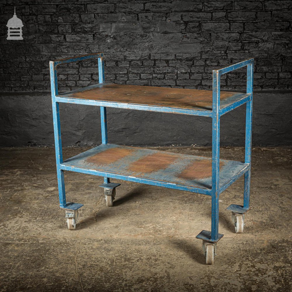 Vintage Industrial Blue Steel Wheeled Trolley Mobile Shelving Unit