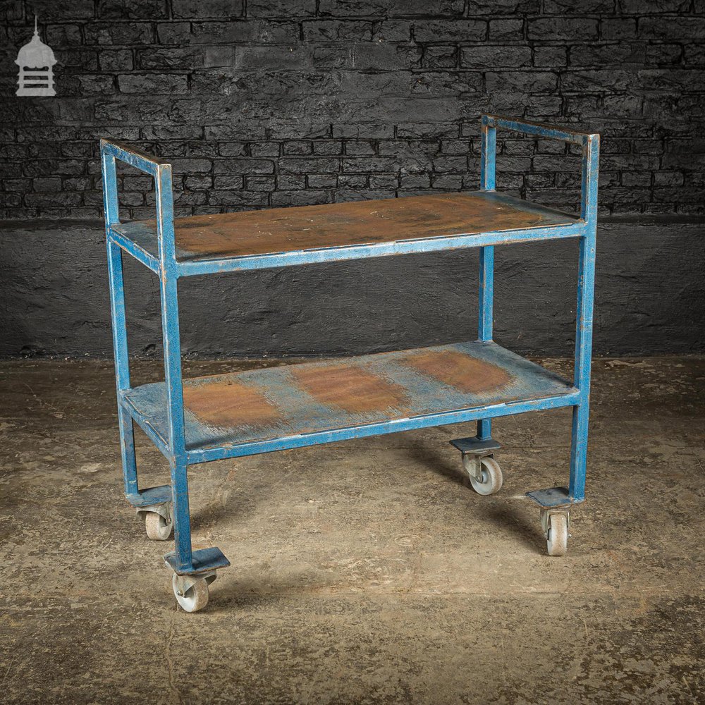 Vintage Industrial Blue Steel Wheeled Trolley Mobile Shelving Unit